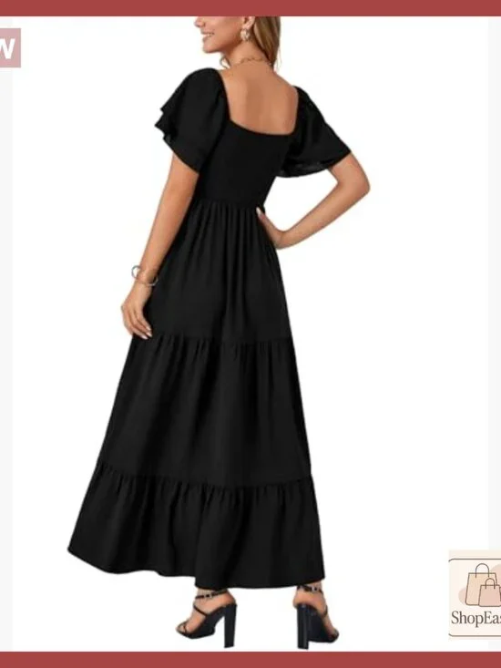 Smocked Midi Dress Square Neck Ruffle Sleeve Tiered Boho Wedding Guest Party - Picture 5 of 7